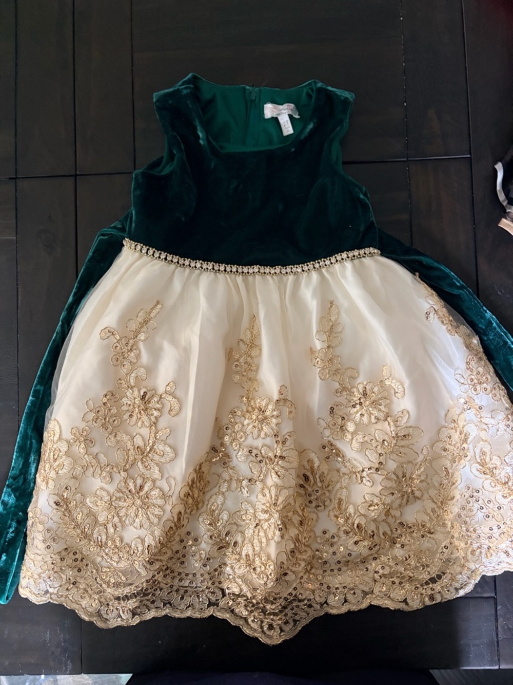 Emerald Green & Gold Embroidered Velvet Party Dress for Kids